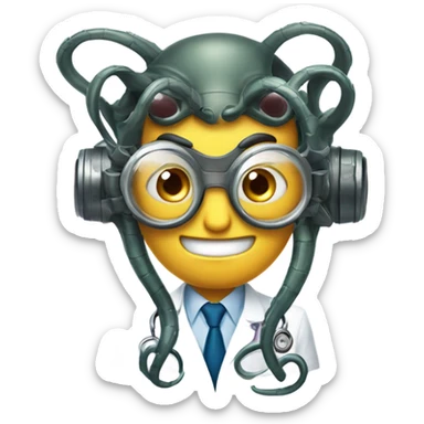 A mischievous emoji of Doctor Octopus’s face, featuring round goggles, a devilish smirk, and metallic tentacles extending around his head. The plain white background keeps the focus on his iconic look." sticker