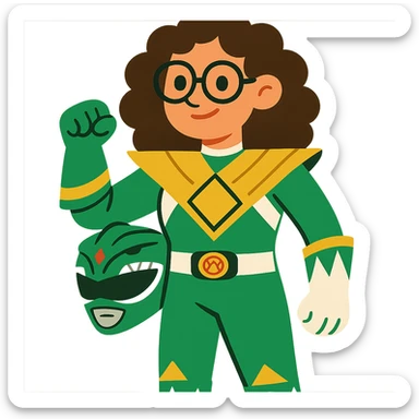 green power ranger, white girl with curly brown hair and glasses sticker