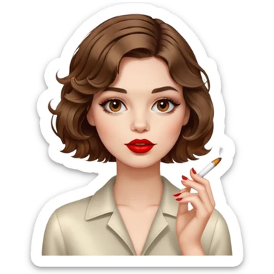 Alluring French girl french shiny brown wavy textured bob haircut tousled hair red lips smoking cigarette sticker