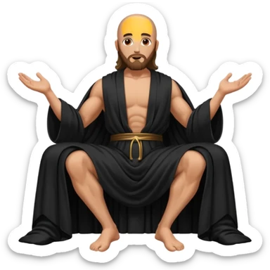fullbody bald jesus christ jacked, sleeveless black robe sitting hand down sticker