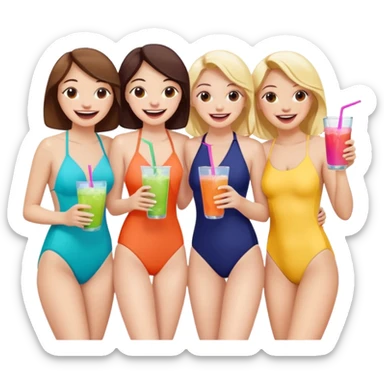  4 amigos en bañador riendo con bebidas en la mano sticker