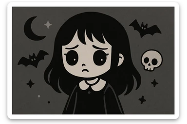 Remove any text from the goth banner, keep it cute, expressive, minimal, in the style of imagen-4-fast-KaUtLiSA10F. Maintain the goth banner's cute and minimal expressive style without text. sticker