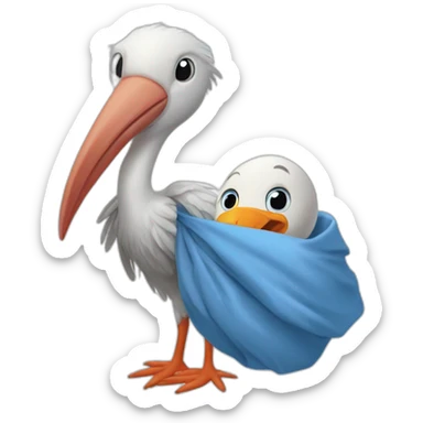 White stork carrying a blue bundle of cloth in its big beak that has a cute human person cute baby boy inside and his head is peeking from the fabric the strok is carrying in its beak sticker