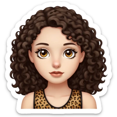 pale girl with dark brown eyes and long curly dark brown hair with leopard print sleeveless shirt  sticker