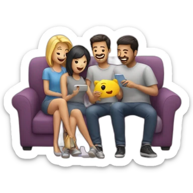 sofa with 3 friends looking at a phone sticker