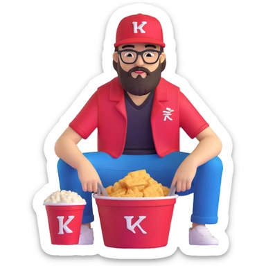 BBNO$ rapper sitting in a KFC bucket, glasses, beard, snapback cap sticker