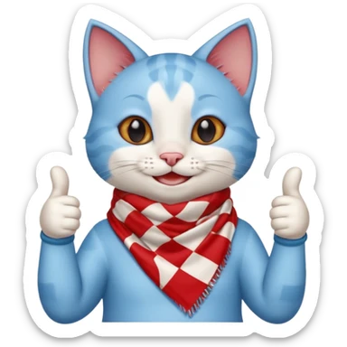 A Baby Blue Cat smiling and giving thumbs up, wearing red Checkered Triangle scarf sticker