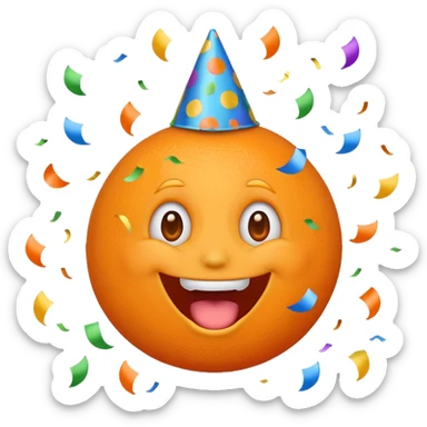 orange excited emoji, wide open mouth, party hat, confetti sticker