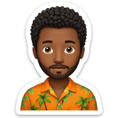 create an emoji of a man but with very very short curly black hair, dark skin, dark brown eyes and a short beard without a moustache and an orange and tropical shirt sticker