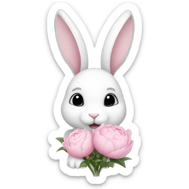 cute white bunny holding light pink peonies sticker