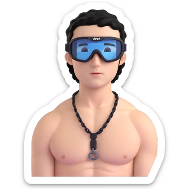 shirtless male athlete with white skin and moderately curly black hair on top with shaved sides, wearing black ski goggles with very dark heavily tinted black lenses that completely hide the eyes, and a simple plain black chain necklace, no earrings sticker