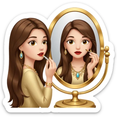 Girl with long brown hair, gold jewelry, and lashes, putting on lipgloss while looking in a mirror  sticker