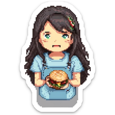 a girl with dark hair eating a burger, pixel art style sticker