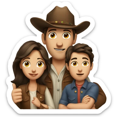 A family of 3, a cowboy dad, dark brown haired freckled mom and boy sucking his thumb sticker