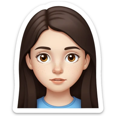 A 12-year-old girl with very long dark brown hair, light brown eyes, thick eyebrows, slightly big lips, with only two freckles - just one small freckle on her cheek and one small freckle under her eye sticker