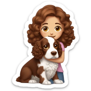 Girl with brown curly hair is hugging brown English springer spaniel sticker