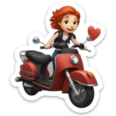 Red Headed boy riding a black scooter with a girl on the back sticker