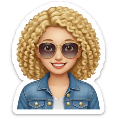 young fashionable woman, curly blonde hair, denim jacket, sunglasses, cheerful expression sticker