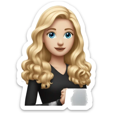 A girl with fair skin, light hair and blue eyes in a black shirt holds a rose gold MacBook sticker