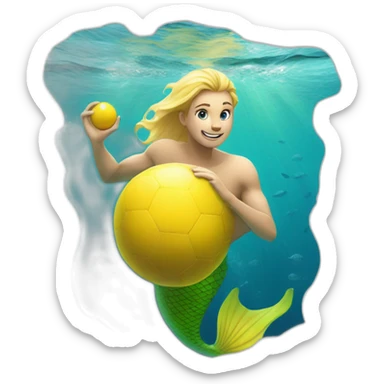 Underwater man blond mermaid swimming with fins, snorkel equipement, holding a small yellow ball, winning enthousiasm sticker