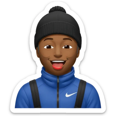 black guy with nike ski mask on squinching his face with his mouth closed trying to hold his laugh with his eyes closed sticker