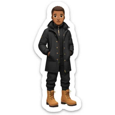 Handsome Black grown man with brown skin tone, wearing black joggers, a black weather coat, and buckwheat timberland boots, and black gloves sticker