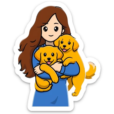 woman with long brown hair holding a golden retriever dog in her arms sticker
