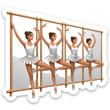 Icon for Choreography: a group of dancers in identical poses, standing by a wall with all wall long mirror, holding a long barre with one hand. The icon should capture the discipline and synchronized movement of dance training. Transparent background. sticker