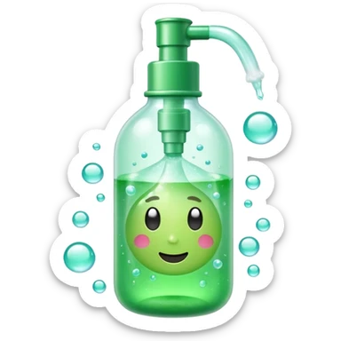 White and green pump bottle glowing with soft bubbles and sparkles. Surrounded by a dewy mist and green aura, symbolizing hydration and gentle cleansing. Potion-like, glossy, emoji-style sticker