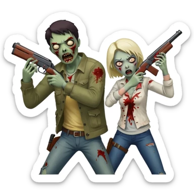 Survivor aiming shotgun at zombie, zombie in front, action pose, blood flying, no background













 sticker