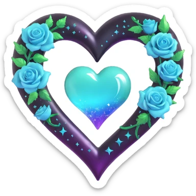 gothic heart in 3D emoji style, crafted from aurora glass, with a silver crescent moon, gradient roses, holographic stardust, neon teal lightning, splintered wet glass sticker