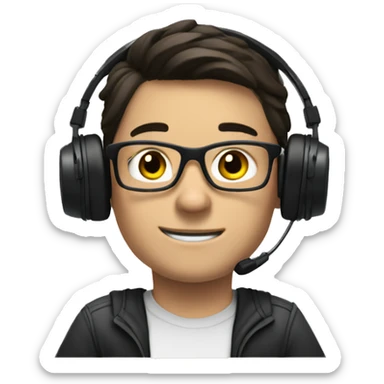 white boy with dark hair and glasses wearing gaming headset and sitting at desk on desktop computer   sticker