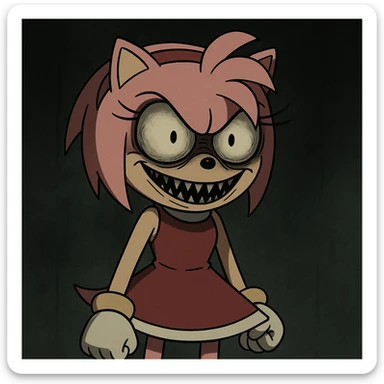 Amy Rose, Sonic character, frightening face, intense stare, horror cartoon, dark and eerie atmosphere sticker