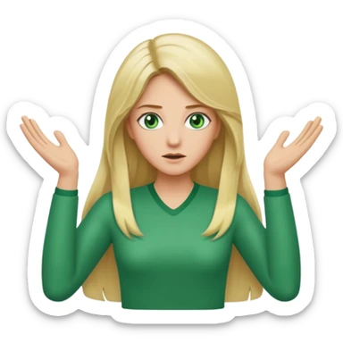 lady with long blonde hair, green eyes throwing arms in the as if confused sticker