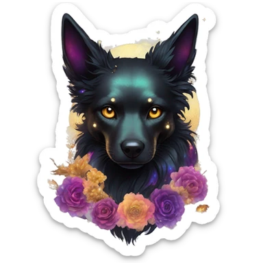 Black iridescent fluffy dog fox head skull zombie skull skeleton gold mechanical steampunk raven wings nebula galaxy stars colorful flowers fairy lights vintage sticker