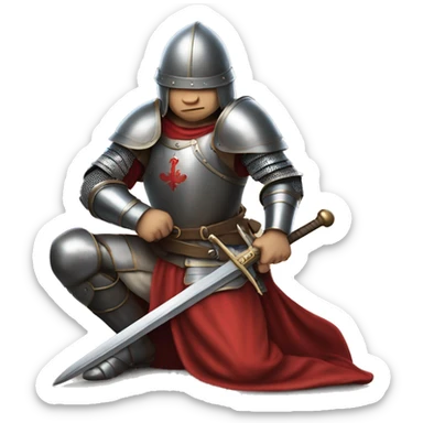 A person in medieval armor kneels with a sword, wearing a red garment reminiscent of Joan of Arc's legendary courage. sticker