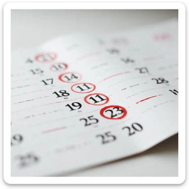 photorealistic calendar page in 4K with seven consecutive days circled in red, no background, very realistic appearance sticker