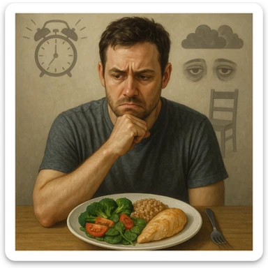 30-year-old thoughtful man sitting at a table in front of a healthy plate with vegetables, brown rice, and chicken, with a suspicious and worried expression towards the food. Behind him, transparent and blurred symbols: an alarm clock (stress), dark clouds (repressed emotions), dark circles under eyes (insomnia), and an empty chair (sedentary lifestyle). Neutral atmosphere, realistic style with a symbolic touch. sticker