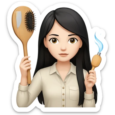 A white woman with long, straight black hair, wearing an ivory-colored shirt, holding a wooden paddle hairbrush in her left hand and spraying a hair mist bottle with her right hand toward her hair. sticker