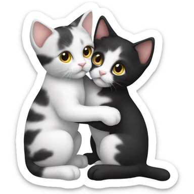 two kittens hug each other, they are different colors, one is black, the other is white, they look straight ahead sticker
