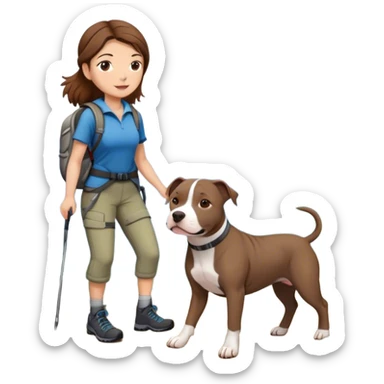 Girl with brown hair hiking with gray pit bull sticker