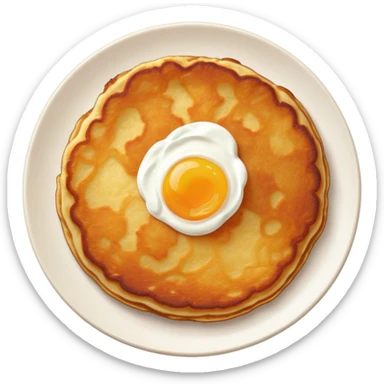 round, rustic potato pancake (draniki), golden-brown with crispy edges, soft center, visible potato texture, topped with a dollop of sour cream, clean and expressive sticker