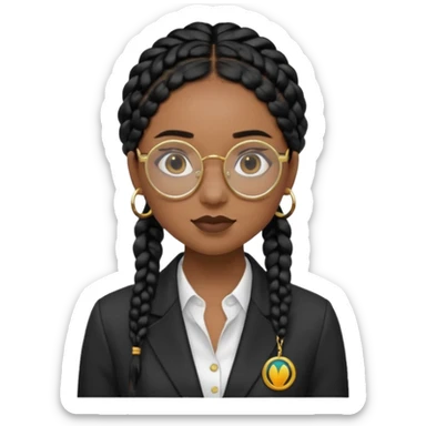 a young woman wearing fine gold round glasses and black hair in braids, she has light black skin, she's wearing cool professional clothes sticker