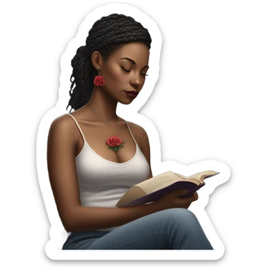 Hyper Realistic beautiful woman model with a small rose tattoo reading a book  sticker
