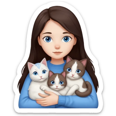 a girl with long dark 
brown hair, with blue eyes, in a
white sweater, hugs 3 different natural coloured cats sticker