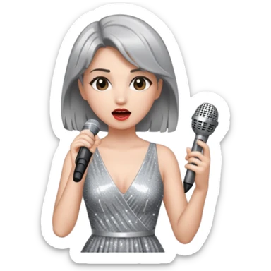 A female singer in sparkling dress holding a mic with emotional expression sticker