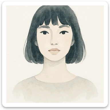 portrait of a girl with black shoulder-length hair, bangs, black almond-shaped eyes, full lips, and straight nose, watercolor style sticker