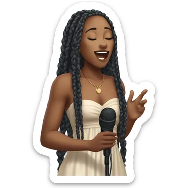 attractive young black woman with her eyes closed with long box braids, flowy dress singing with a mic sticker
