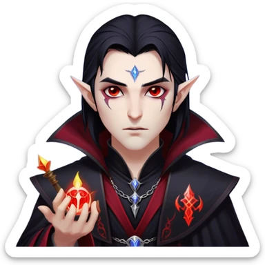 Cinematic Realistic WoW Vampire Mage Portrait, head tilted epicly and inquisitively, showcasing a commanding presence and ancient arcane mastery. His pallid skin and sleek dark hair are set against the intricately detailed black robe—with silver accents and mystical runes—that remains consistent in its shadowed elegance. His piercing crimson eyes blaze with forbidden power, rendered with dramatic, lifelike clarity and high shine, epic and awe-inspiring. sticker