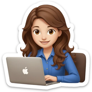 Sitting in front of a laptop in the style of a cute female developer. No glasses, long hair waves and smiling. sticker